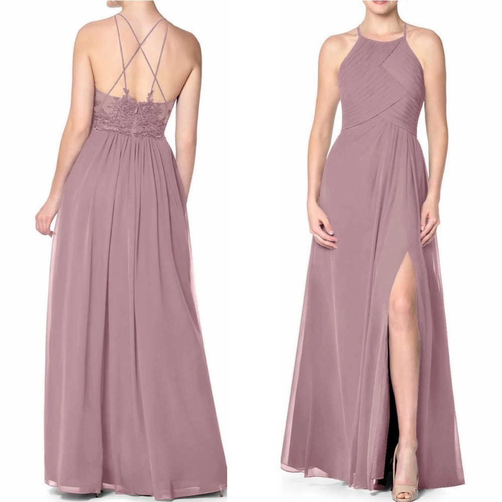 NWT Azazie A-Line Princess Embroidered Lace Chiffon Maxi Dress Gown Dusty Rose 0